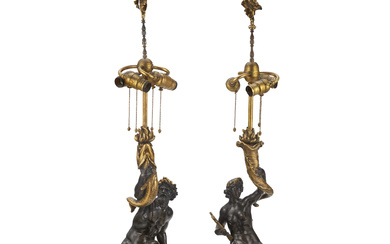 A PAIR OF AMERICAN GILT, PATINATED-BRONZE AND MARBLE FIGURAL TABLE...