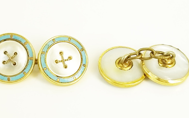 A PAIR OF ANTIQUE 18ct GOLD ENAMEL AND MOTHER-OF-PEARL CUFFLINKS
