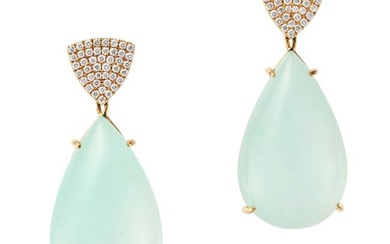 A PAIR OF AQUA CHALCEDONY AND DIAMOND DROP EARRINGS each pave set with round cut diamonds