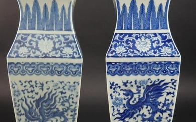 A PAIR OF BLUE AND WHITE DECANTED SQUARE VASES