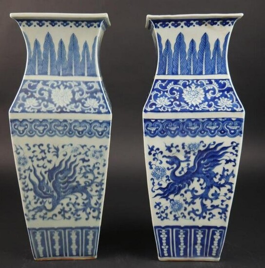 A PAIR OF BLUE AND WHITE DECANTED SQUARE VASES