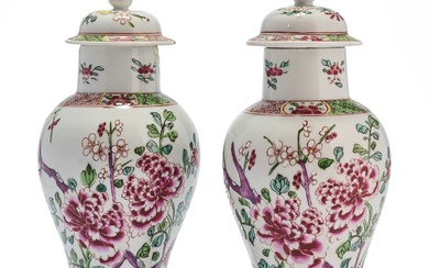 A PAIR OF CHINESE FAMILLE-ROSE BALUSTER VASES AND COVERS