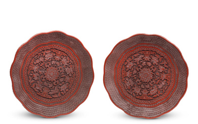 A PAIR OF CINNABAR LACQUER CARVED LOBED DISHES 18th/19th century