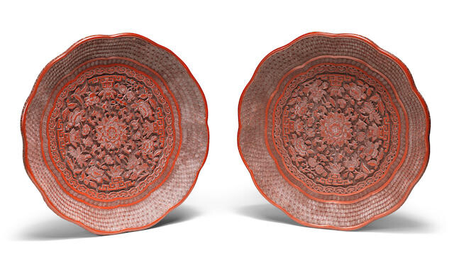 A PAIR OF CINNABAR LACQUER CARVED LOBED DISHES
