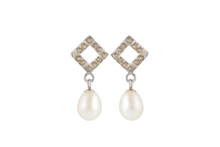 A PAIR OF DIAMOND AND CULTURED PEARL DROP EARRINGS, mounted ...