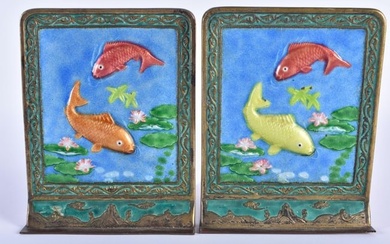 A PAIR OF EARLY 20TH CENTURY CHINESE ENAMELLED FISH BOOKENDS Late Qing/Republic. Each 14 cm x 9 cm.