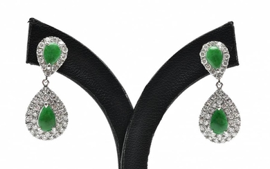 A PAIR OF JADE AND DIAMOND EARRINGS WITH TYPE A JADE CERTIFICATION IN 18CT WHITE GOLD