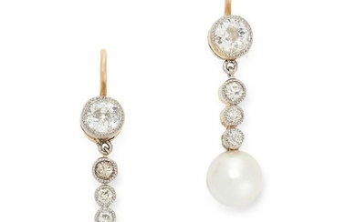 A PAIR OF PEARL AND DIAMOND DROP EARRINGS in yellow