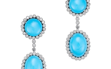 A PAIR OF TURQUOISE AND DIAMOND DROP EARRINGS each comprising a round cabochon turquoise in a bor...