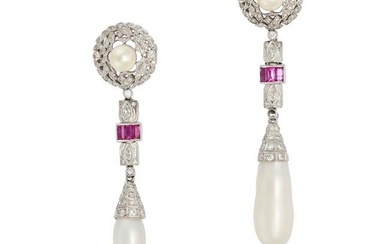 A PAIR OF VINTAGE DIAMOND, RUBY AND PEARL DROP EARRINGS in white gold, each designed as a pearl a...