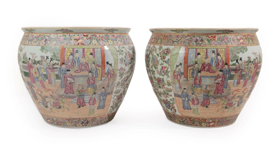 A Pair of Cantonese Porcelain Fish Bowls, late 19th/20th century, of ovoid form, painted in famille