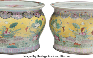 A Pair of Chinese Famille Rose Enamel Yellow-Ground Planter Stands
