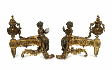 A Pair of Louis XV Style Bronze and Gilt Bronze Chenets