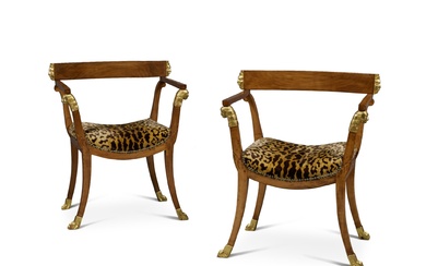 A Pair of North Italian Neoclassical Parcel-Gilt Fruitwood Armchairs, Early 19th Century