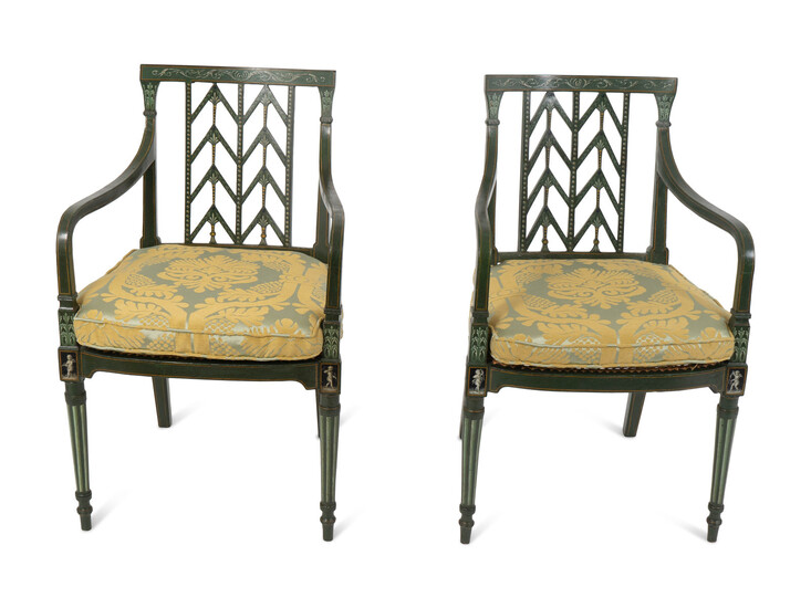 A Pair of Regency Green and Parcel Gilt Painted Cane Seat Armchairs