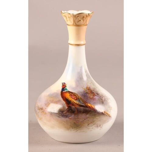 A ROYAL WORCESTER VASE, signed Jas Stinton, painted with a c...