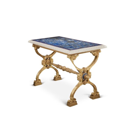 A Russian Neoclassical Style Gilt Bronze Center Table with a malachite-veneered white marble top