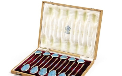 A Russian enameled silver set of twelve spoons, Moscow, 1890
