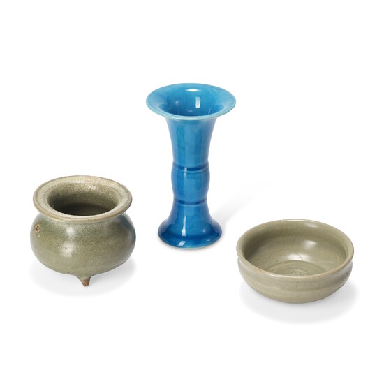 A SMALL PEACOCK-GREEN GLAZED ZUN-SHAPED VASE, A CELADON-GLAZED TRIPOD CENSER AND A SMALL BOWL