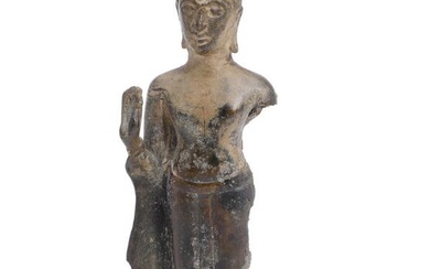 A Thai patinated bronze Buddha, standing with right hand in the abhaya...