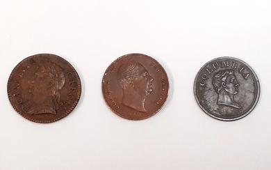 A United Kingdom Charles II farthing, c. 1673, a William IV copper farthing, c. 1835 and a Great Britain Columbia farthing token, c. 1820.