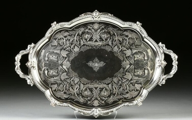 A VICTORIAN SILVERPLATED AND ENGRAVED TWO HANDLED TRAY