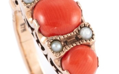 A VICTORIAN STYLE CORAL AND PEARL RING; featuring 3 graduated coral beads set adjacent to 6 seed pearls on a carved gallery in 9ct g...