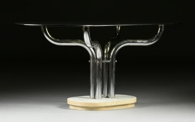 A VINTAGE MODERN SMOKED GLASS AND CHROME CENTER TABLE
