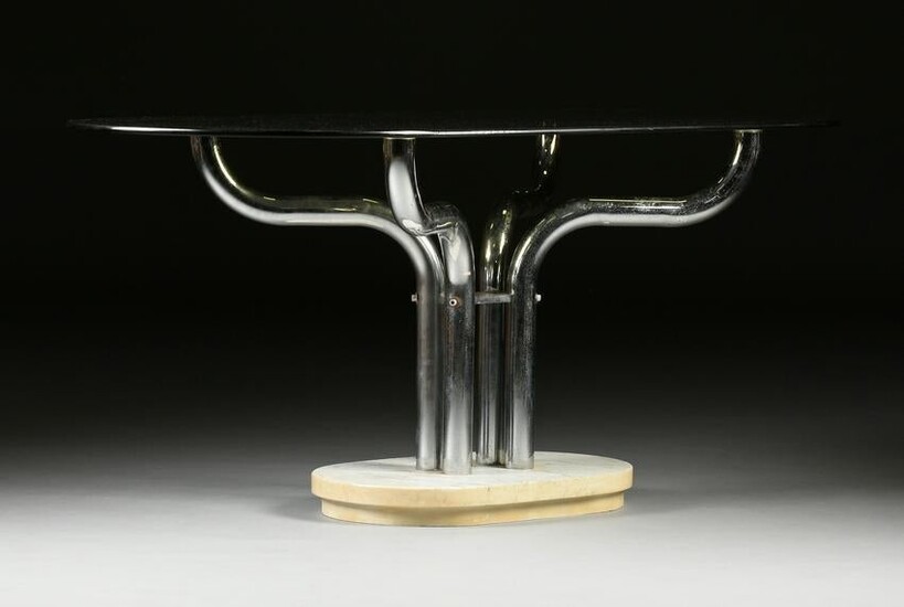 A VINTAGE MODERN SMOKED GLASS AND CHROME CENTER TABLE