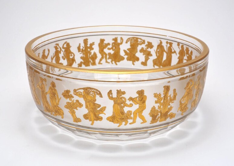 A Val St Lambert Danse de Flore glass bowl, late 20th century, the body decorated with gilt classical figures, 22.5cm diameter