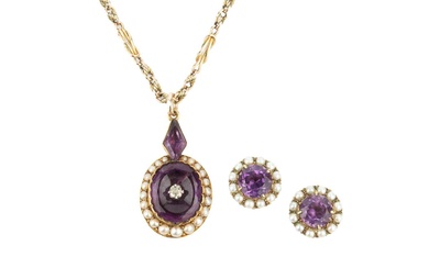 A Victorian amethyst, diamond and seed pearl pendant, the oval...
