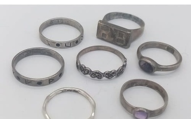 A collection 7 vintage sterling silver band, solitaire and...
