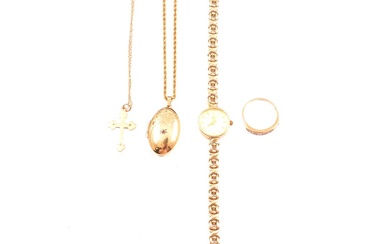 A collection of gold jewellery and wristwatch