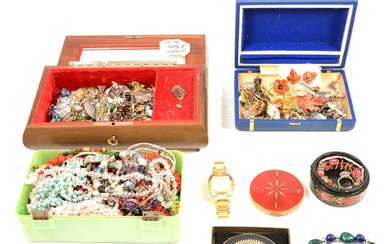 A collection of vintage costume jewellery, two powder compacts, a Lorus wristatch.