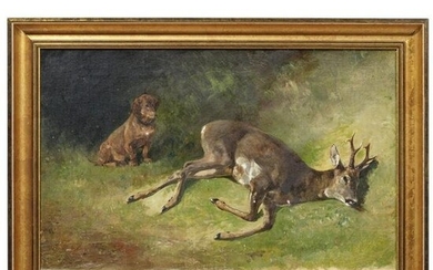 A dachshund with a dead roebuck, inscribed Ludwig Volz
