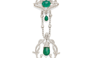 A diamond and emerald drop brooch