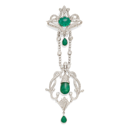 A diamond and emerald drop brooch