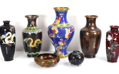 A group of cloisonné vases and bowls including a large...