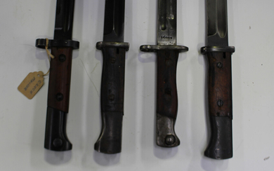 A group of four K98 Mauser bayonets, including a Siamese issue, blade length 25cm, a Czechoslovakian