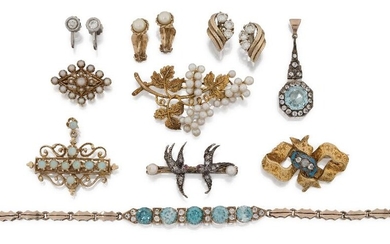 A group of jewellery, comprising: a Victorian rose-cut diamond twin swallow bar brooch; A Victorian rose-cut diamond three stone and blue enamel ribbon bow brooch dated 1853; an opal cluster openwork brooch; a 9ct gold and seed pearl brooch; An...