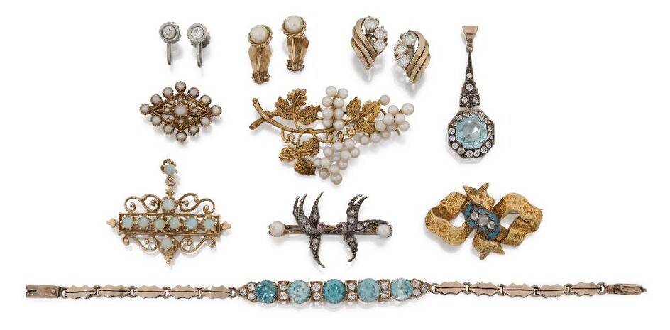 A group of jewellery, comprising: a Victorian rose-cut diamond twin swallow bar brooch; A Victorian rose-cut diamond three stone and blue enamel ribbon bow brooch dated 1853; an opal cluster openwork brooch; a 9ct gold and seed pearl brooch; An...