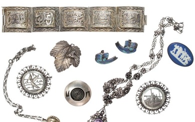 A group of silver and metal jewelry