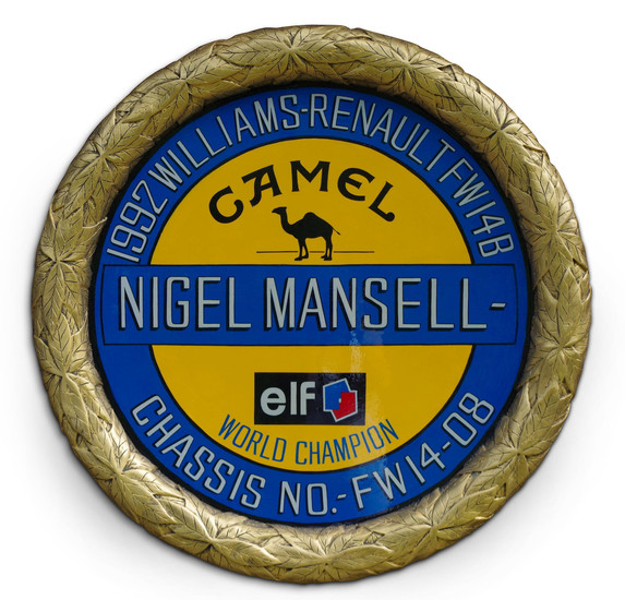 A hand-painted 'Nigel Mansell - Williams Renault FW14B 1992' celebratory roundel