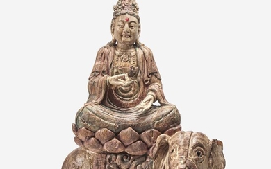 A large carved and polychromed wood figure of the Bodhisattva Puxian 木雕普贤菩萨坐像 Ming Dynasty or later 明或以后