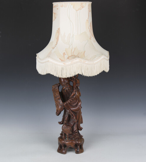 A late 19th century Chinese carved hardwood figure of Shoulao holding a scroll, height 51cm (mounted