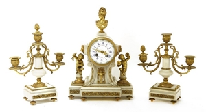 A late French white marble and ormolu clock garniture