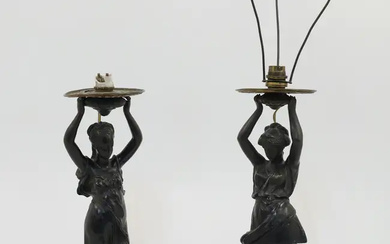 A matched pair of bronzed spelter figural lamps, second half 19th century,...