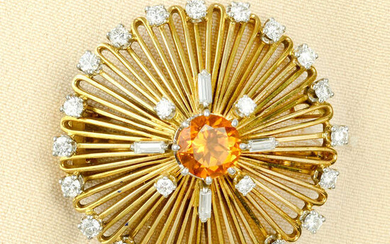 A mid 20th century citrine and diamond stylised floral brooch