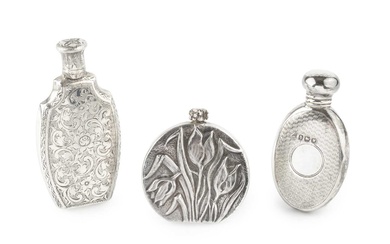 A modern silver scent bottle, of moon flask form, relief...