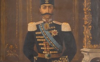 A monumental portrait of Nasir al-Din Shah Qajar, signed by Said Hussein Mirza, Persia, late 19th century
